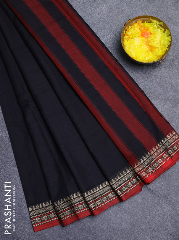 Narayanpet cotton saree black and maroon with plain body and thread woven border