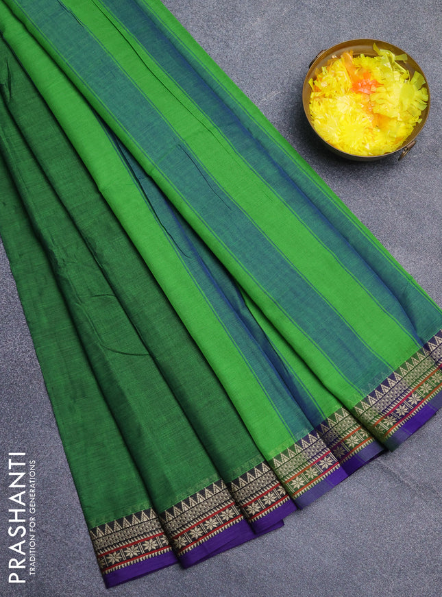 Narayanpet cotton saree green and violet with plain body and thread woven border