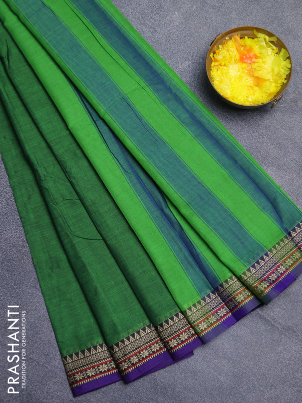 Narayanpet cotton saree green and violet with plain body and thread woven border