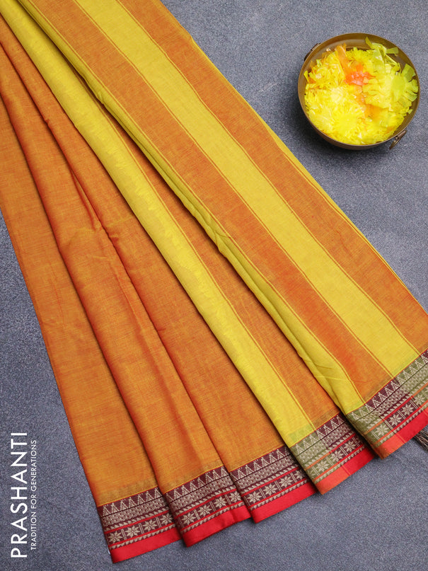 Narayanpet cotton saree sunset orange and red with plain body and thread woven border