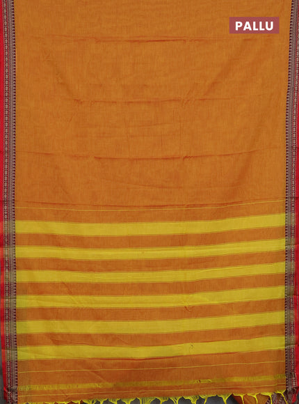 Narayanpet cotton saree sunset orange and red with plain body and thread woven border