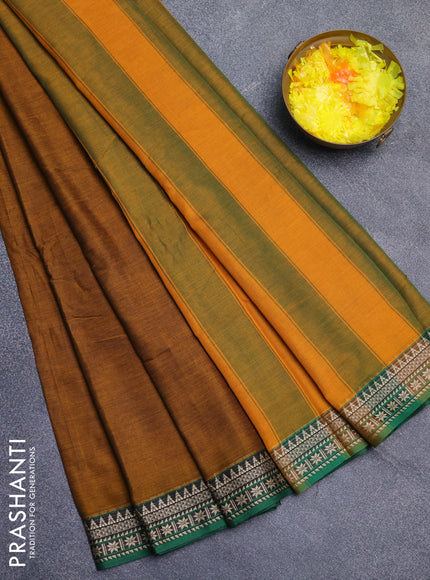 Narayanpet cotton saree dark mustard and green with plain body and thread woven border