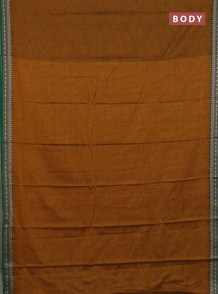 Narayanpet cotton saree dark mustard and green with plain body and thread woven border