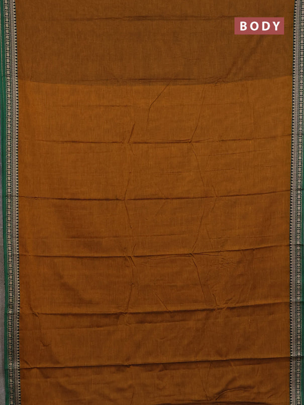 Narayanpet cotton saree dark mustard and green with plain body and thread woven border