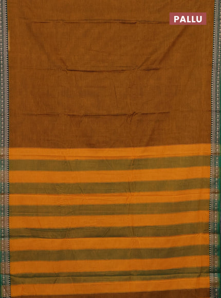 Narayanpet cotton saree dark mustard and green with plain body and thread woven border