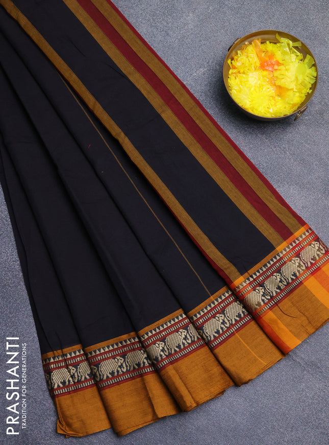 Narayanpet cotton saree black and dark mustard with plain body and thread woven simple border