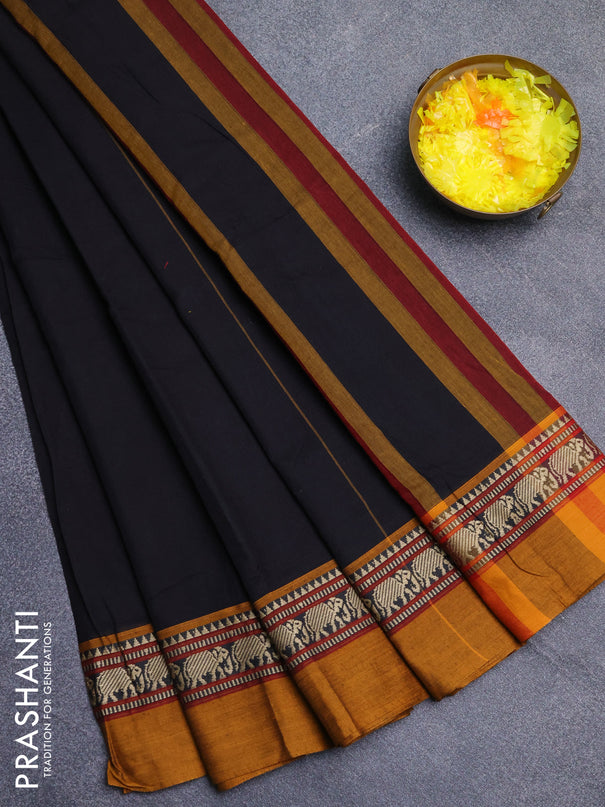 Narayanpet cotton saree black and dark mustard with plain body and thread woven simple border