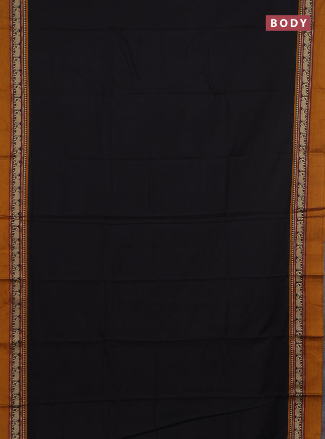 Narayanpet cotton saree black and dark mustard with plain body and thread woven simple border
