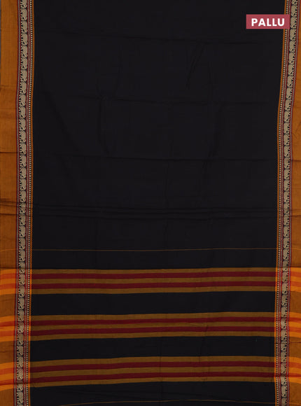 Narayanpet cotton saree black and dark mustard with plain body and thread woven simple border