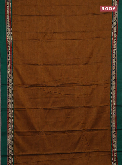 Narayanpet cotton saree dark mustard and green with plain body and thread woven simple border