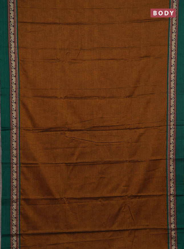 Narayanpet cotton saree dark mustard and green with plain body and thread woven simple border