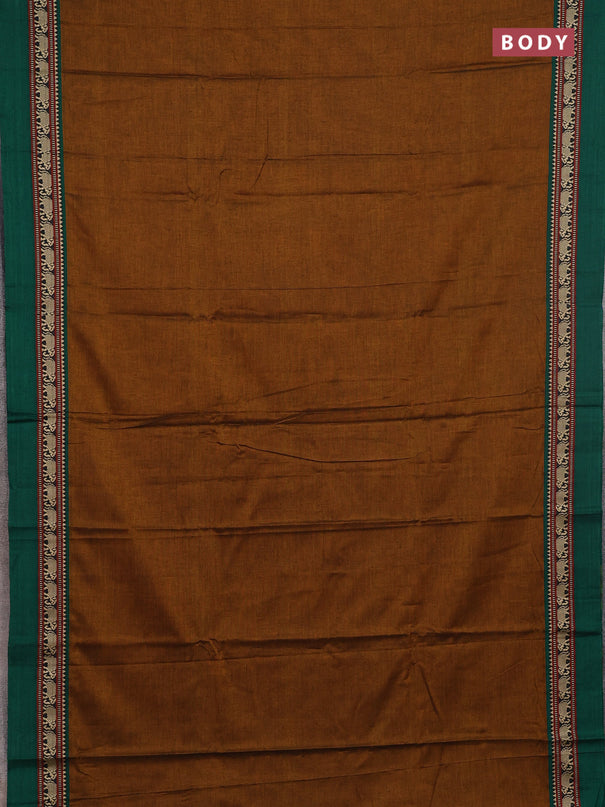 Narayanpet cotton saree dark mustard and green with plain body and thread woven simple border