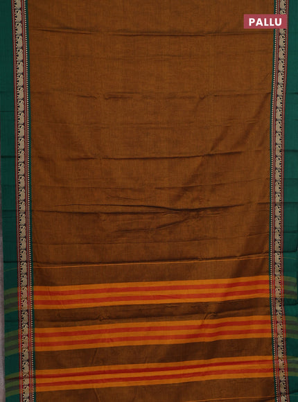 Narayanpet cotton saree dark mustard and green with plain body and thread woven simple border