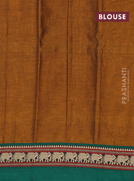 Narayanpet cotton saree dark mustard and green with plain body and thread woven simple border