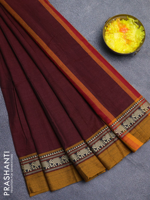 Narayanpet cotton saree deep maroon and dark mustard with plain body and thread woven simple border