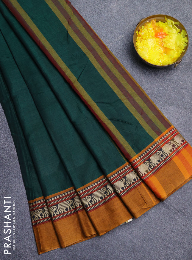 Narayanpet cotton saree green and dark mustard with plain body and thread woven simple border