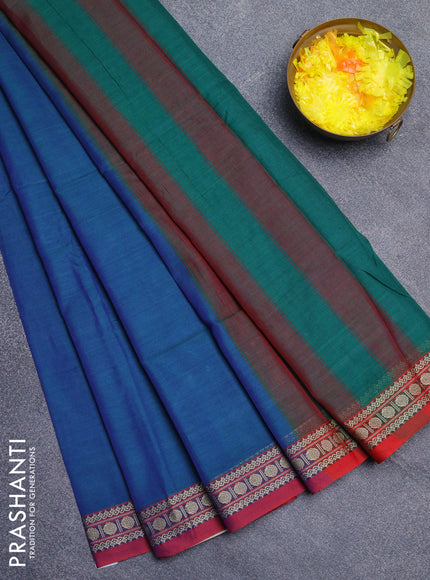Narayanpet cotton saree dual shade of bluish green and maroon with plain body and thread woven border