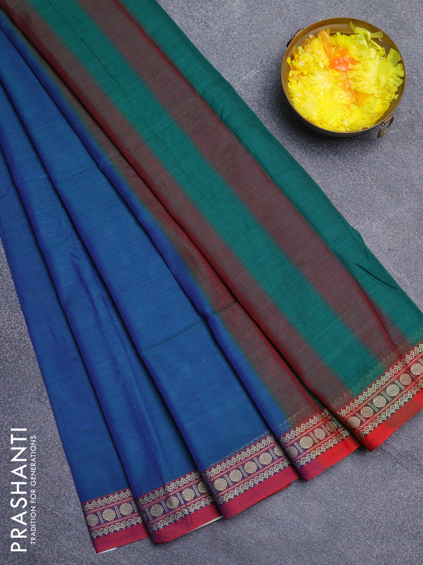 Narayanpet cotton saree dual shade of bluish green and maroon with plain body and thread woven border