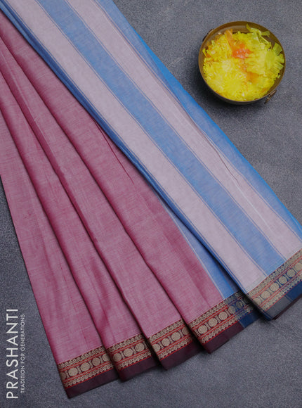 Narayanpet cotton saree pink shade and deep maroon with plain body and thread woven border