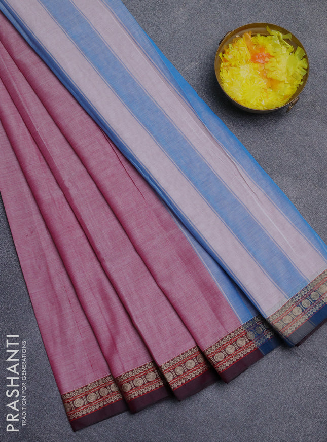 Narayanpet cotton saree pink shade and deep maroon with plain body and thread woven border