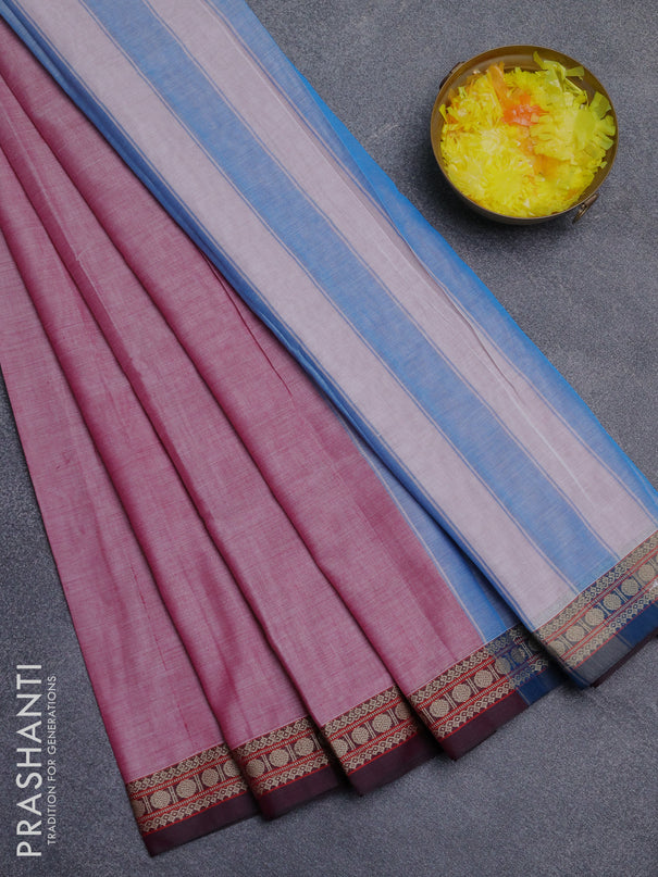 Narayanpet cotton saree pink shade and deep maroon with plain body and thread woven border