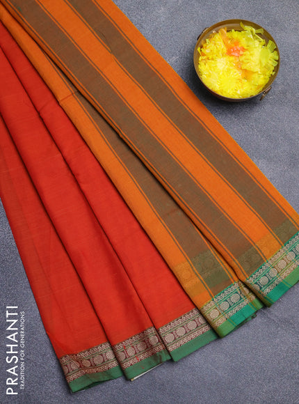 Narayanpet cotton saree orange and green with plain body and thread woven border