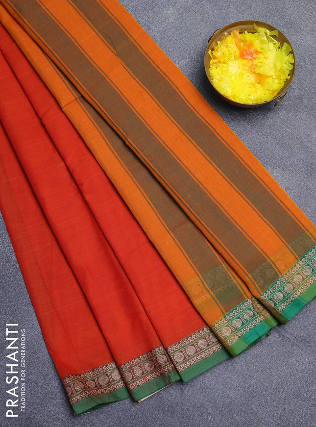 Narayanpet cotton saree orange and green with plain body and thread woven border