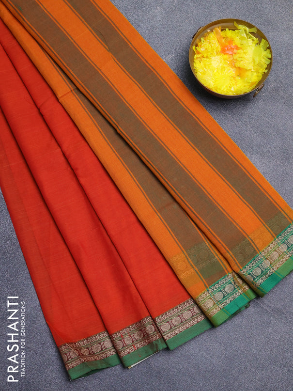 Narayanpet cotton saree orange and green with plain body and thread woven border
