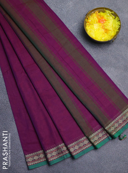 Narayanpet cotton saree purple and green with plain body and thread woven border