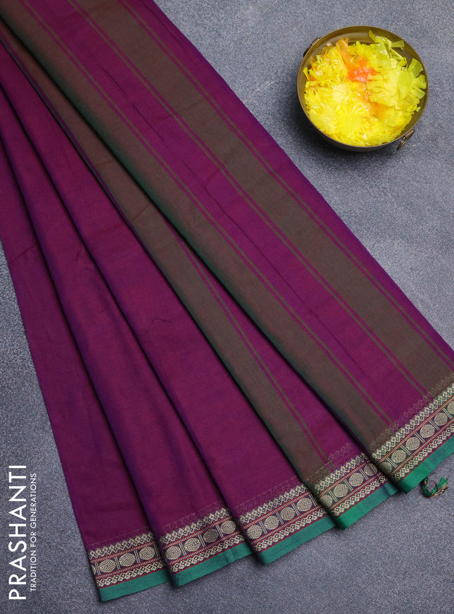 Narayanpet cotton saree purple and green with plain body and thread woven border