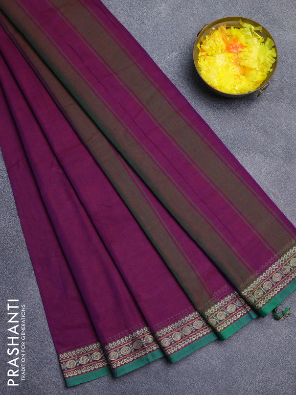 Narayanpet cotton saree purple and green with plain body and thread woven border