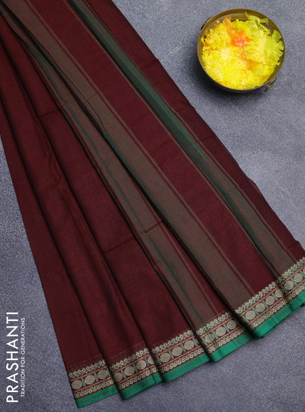 Narayanpet cotton saree deep maroon and green with plain body and thread woven border