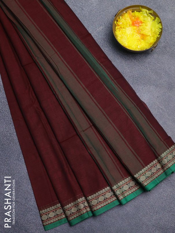 Narayanpet cotton saree deep maroon and green with plain body and thread woven border