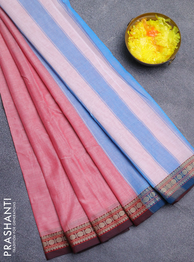 Narayanpet cotton saree red and peacock green with plain body and thread woven border
