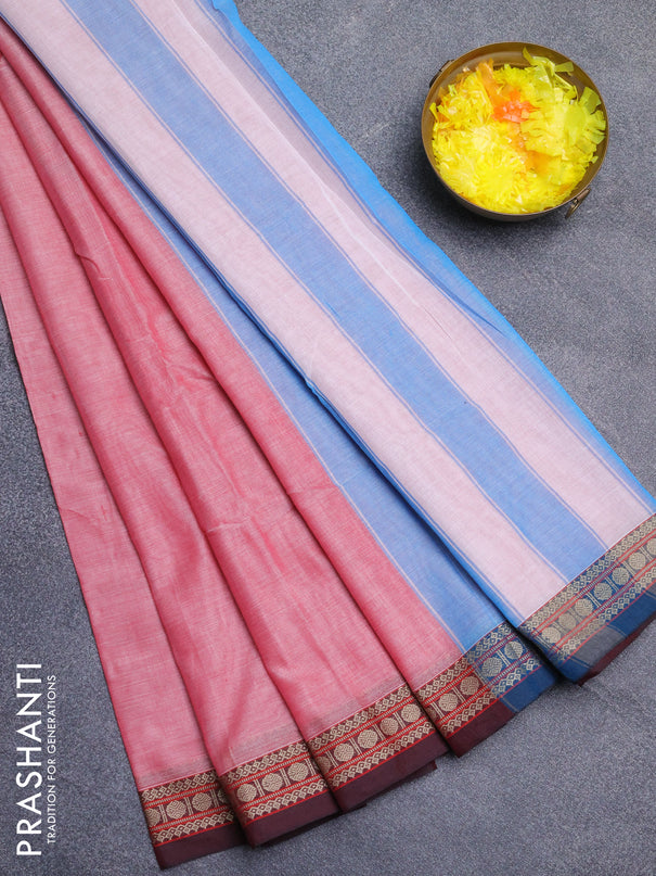 Narayanpet cotton saree red and peacock green with plain body and thread woven border