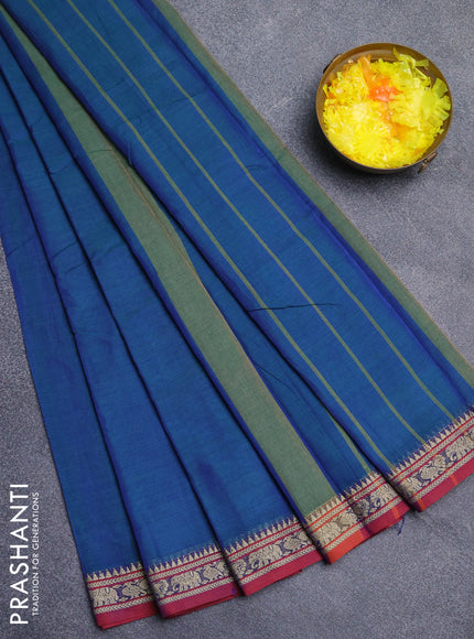 Narayanpet cotton saree dual shade of bluish green and maroon with plain body and thread woven border