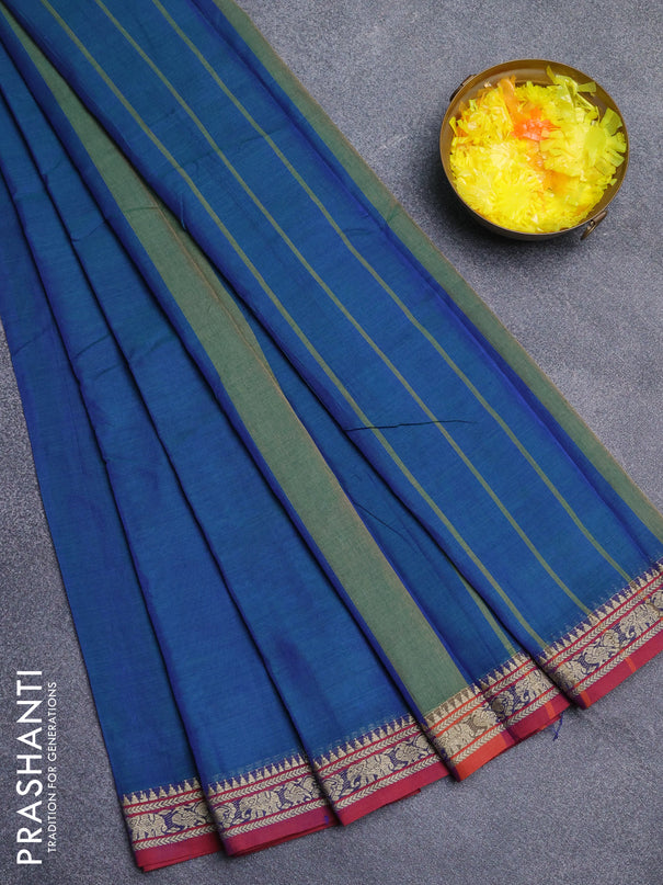 Narayanpet cotton saree dual shade of bluish green and maroon with plain body and thread woven border