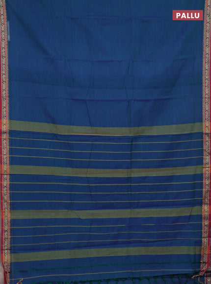 Narayanpet cotton saree dual shade of bluish green and maroon with plain body and thread woven border