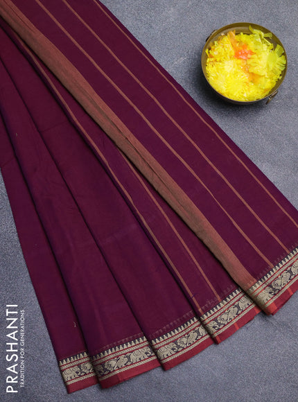 Narayanpet cotton saree wine shade and maroon with plain body and thread woven border