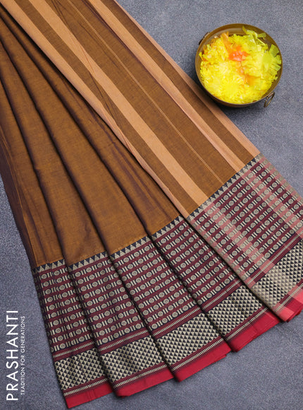 Narayanpet cotton saree dark mustard and maroon with plain body and long thread woven border