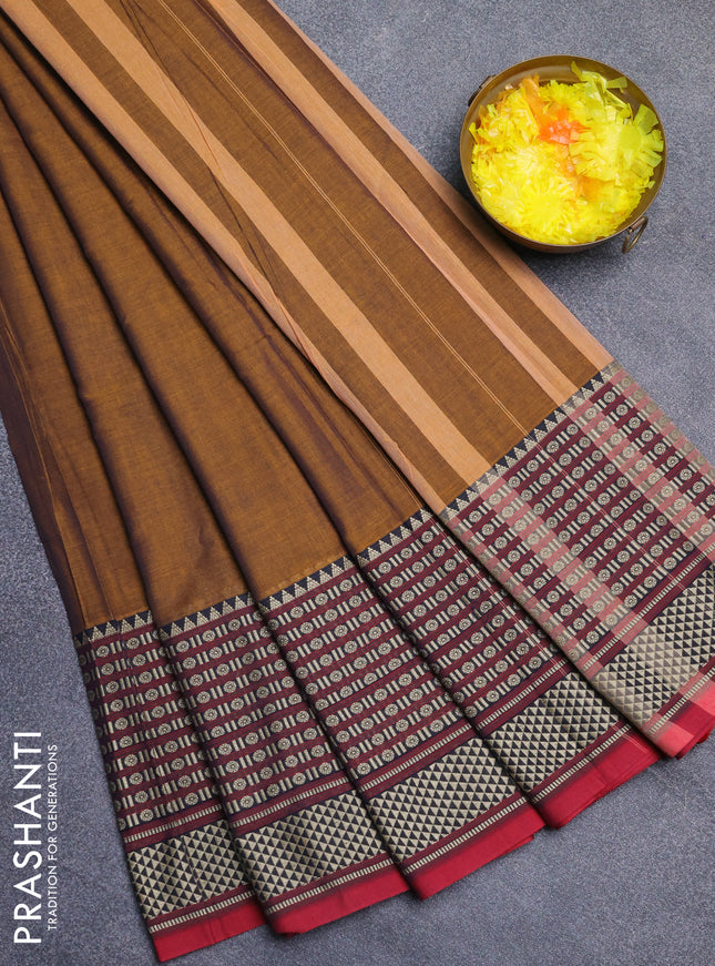Narayanpet cotton saree dark mustard and maroon with plain body and long thread woven border
