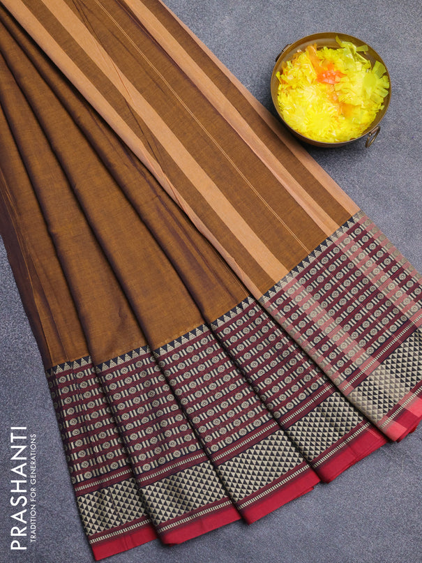 Narayanpet cotton saree dark mustard and maroon with plain body and long thread woven border