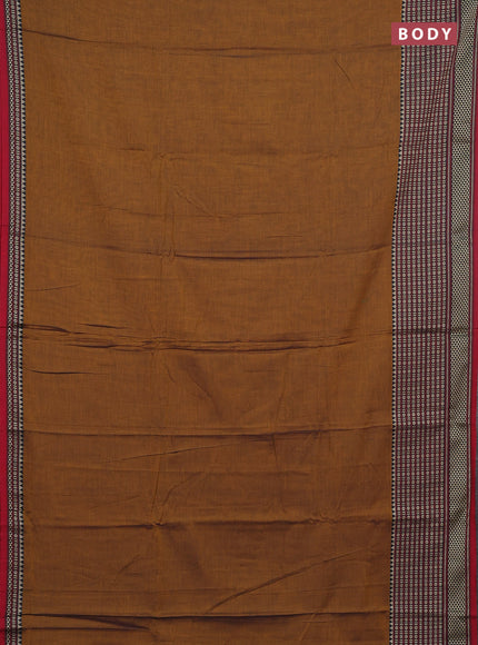 Narayanpet cotton saree dark mustard and maroon with plain body and long thread woven border