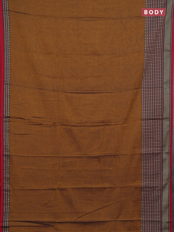 Narayanpet cotton saree dark mustard and maroon with plain body and long thread woven border