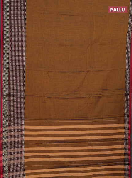 Narayanpet cotton saree dark mustard and maroon with plain body and long thread woven border