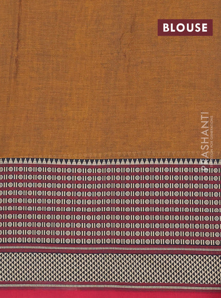 Narayanpet cotton saree dark mustard and maroon with plain body and long thread woven border