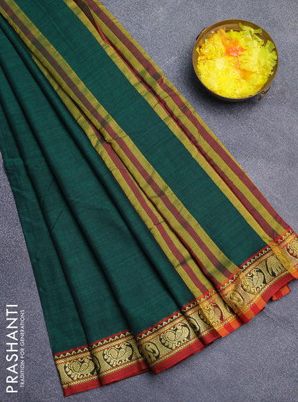 Narayanpet cotton saree green and maroon with plain body and thread woven border