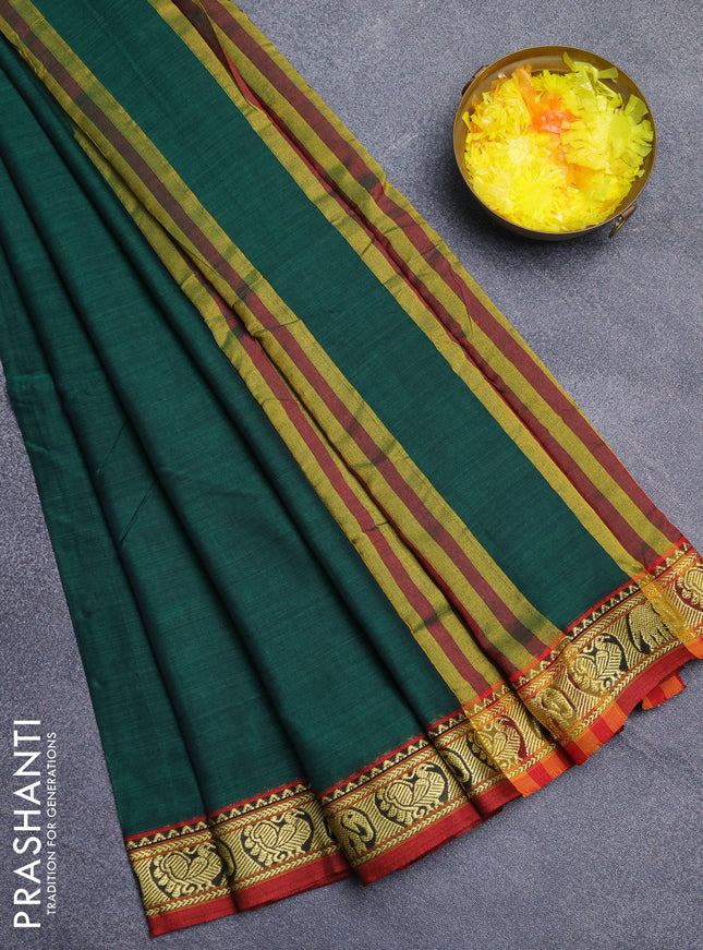 Narayanpet cotton saree green and maroon with plain body and thread woven border