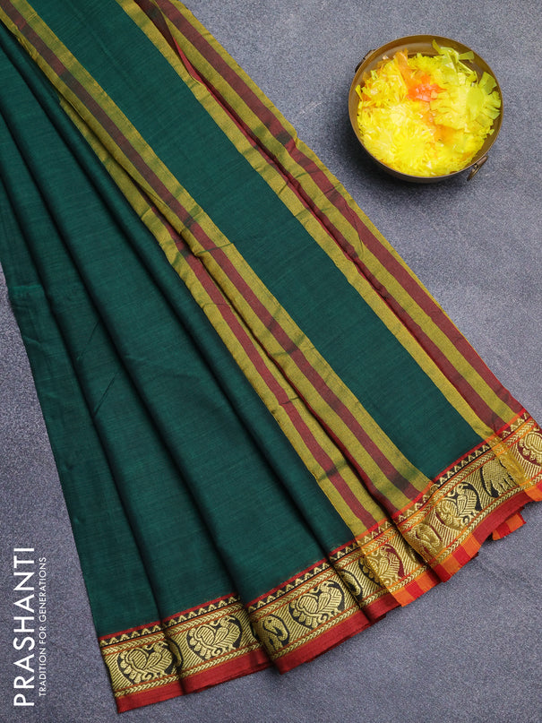 Narayanpet cotton saree green and maroon with plain body and thread woven border