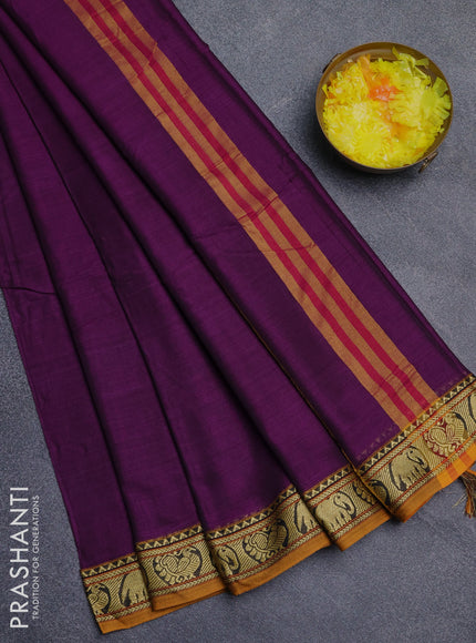 Narayanpet cotton saree purple and mustard yellow with plain body and thread woven border